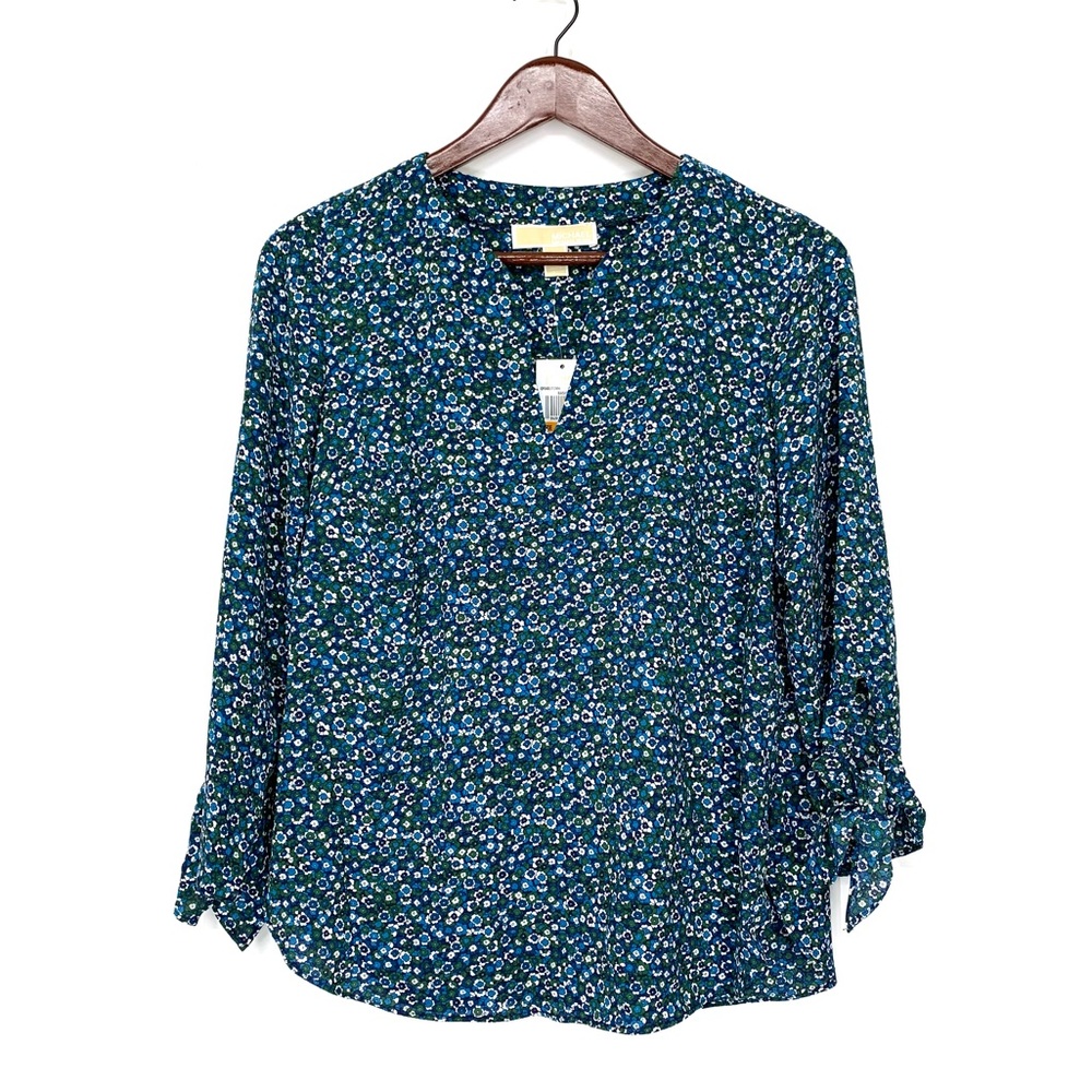 MK Michael Kors Blue Green White All Over Ditsy Floral Print Blouse In True Navy